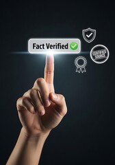 Finger pointing at fact verified button with icons