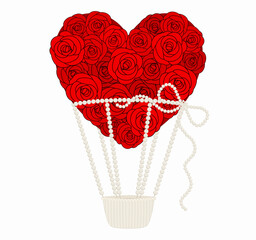 Red Roses Heart Balloon with Pearl Decorations. Romantic Heart-Shaped Hot Air Balloon Made of Red Roses with Pearl Strings. Vector Illustration of Florals and Pearls Balloon for Valentine's Day.