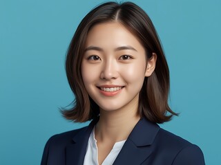 青背景で微笑む若いアジア人ビジネスウーマンの上半身イラスト。信頼感と清潔感のある女性人物素材