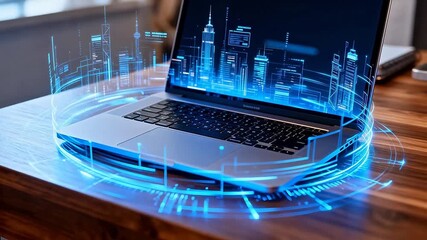 Laptop with digital cityscape on screen - Powered by Adobe