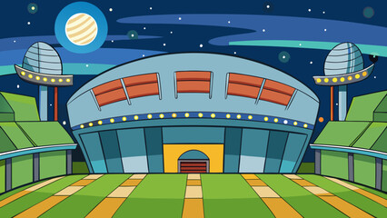 A vibrant cartoon illustration of a futuristic sports stadium under a night sky with stars and an alien planet.