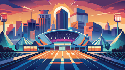 A vibrant stylized illustration of a modern city skyline with a central stadium at sunrise