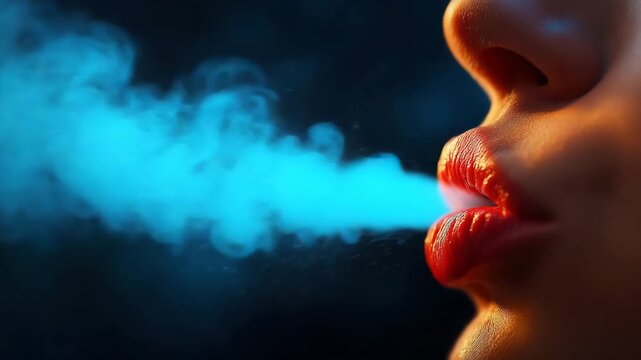 Woman blowing blue smoke with red lips