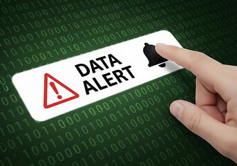 Finger Pressing Data Alert Button with Binary Code