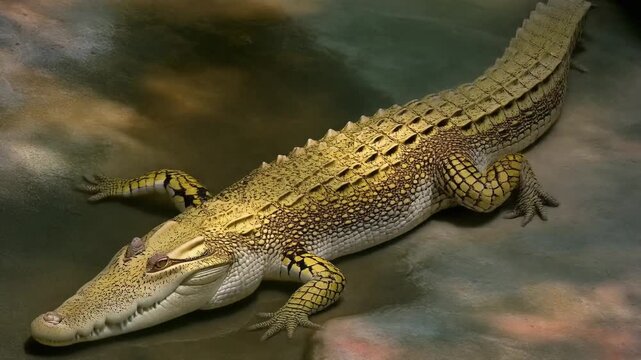 A close-up of a large crocodile basking, detailed view of scales and texture, serene setting