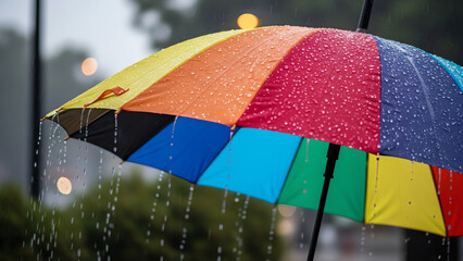 Colorful umbrella in rain with raindrops