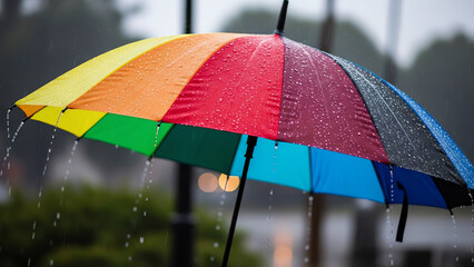 Colorful umbrellas in rain with blurred background