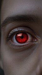 Close-up of a person's eye with a striking red iris