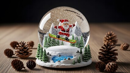 Pixelated santa claus snowboarding in winter wonderland snow globe surrounded by pine cones and evergreen branches on wooden table dark background christmas holiday decoration