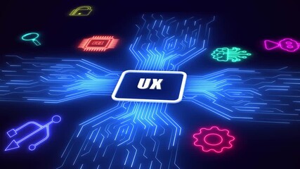 Revolutionizing digital products through seamless ux design, featuring glowing neon circuit paths and futuristic interface icons.