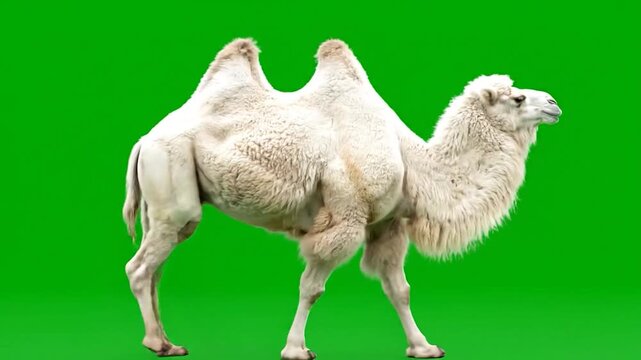 Majestic white two-humped camel walking against a vibrant green screen background