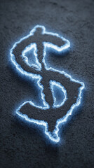 Glowing dollar sign carved in asphalt with blue neon glow