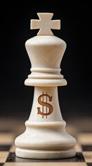 White chess king with dollar sign engraved, symbolic power