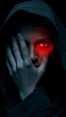 Mysterious hooded figure with glowing red eye in darkness