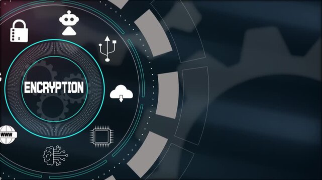Protecting sensitive information through advanced digital encryption technology with futuristic interface and secure data icons.