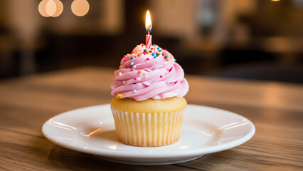 Cupcake with candle on plate