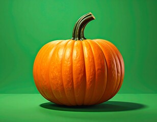 Close-up of a plump orange pumpkin against a vibrant green backdrop