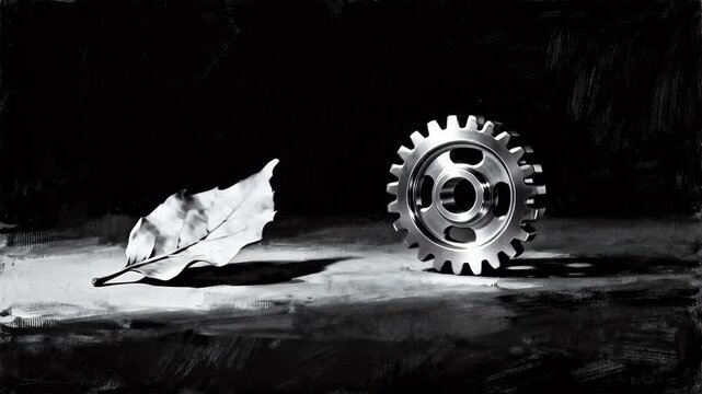 Leaf and gear on dark surface
