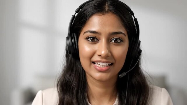 Professional woman in headset with mic, actively speaking during a call or presentation