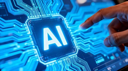 Hand touching AI symbol on circuit board - Powered by Adobe