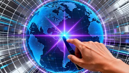 Hand touching digital globe with light - Powered by Adobe