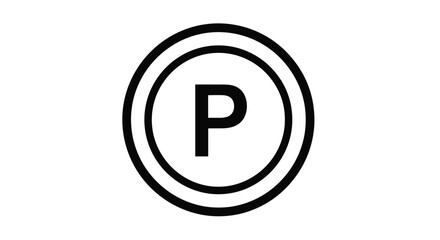 Fototapeta premium Universal parking symbol featuring a bold letter P inside double black circles, used for traffic signs and navigation mapping.