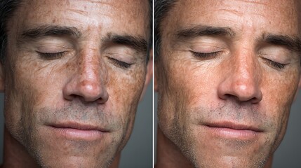 before-after men sun damaged skin, outdoor working skin vs recovered healthy skin