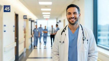 Doctor smiling in hospital hallway with medical staff