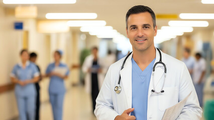Doctor smiling in hospital hallway with medical staff