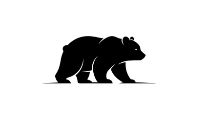 A striking black silhouette of a bear walking, depicted in a simple and bold graphic style on a clean white background. © Hadi