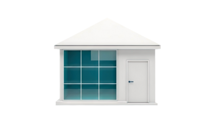 Minimalist White House with Large Window and Door on White Background