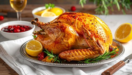 "Golden roasted holiday turkey with rosemary, cranberries, and festive table setting"