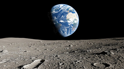 Earthrise over lunar landscape