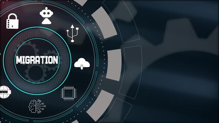 Executing seamless data migration to cloud environments with advanced technical interface and global connectivity icons. - Powered by Adobe