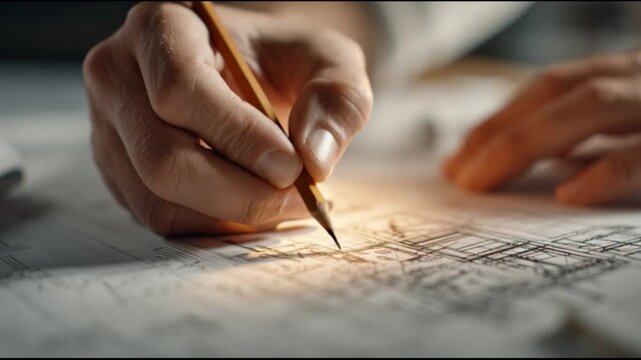 Hand sketching architectural plans with pencil detail close up