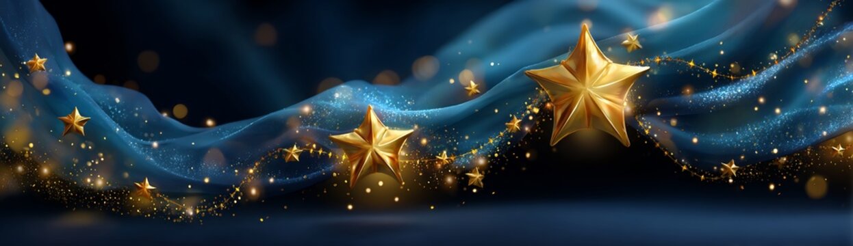 Ultra wide abstract holiday background glowing golden stars dark blue backdrop floating light particles elegant festive banner