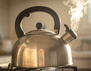 Close-up of a shiny, stainless steel kettle with steam billowing upward
