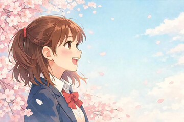 春の桜と青空を見上げる制服姿の女性