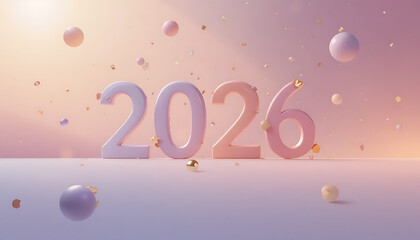 A soft and dreamy celebration of the year 2026 with pastel colors and floating spheres