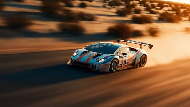 White race car with blue and orange stripes rockets along a sunlit desert road, dust trailing. wide!