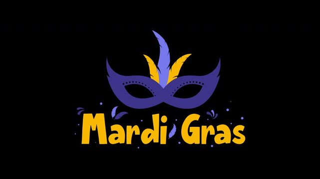 Animated text Mardi gras mask and words design, vibrant and festive, ideal for party invitations, decorations, and event promotions. Perfect for celebrations.