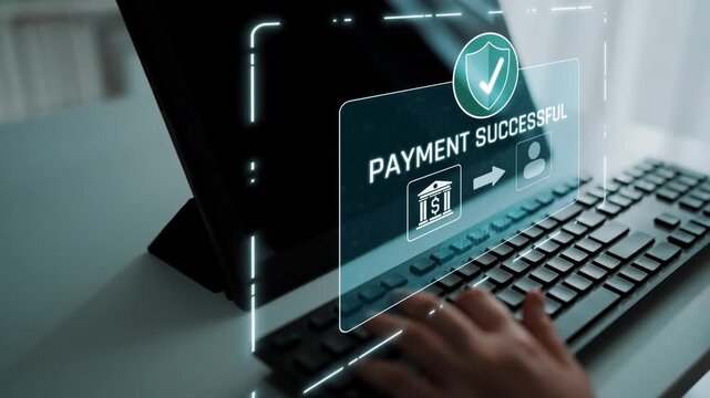 Successful transaction message showing secure payment. Payment confirmed, secured, payment processed, and payment completed with trust and transaction integrity. Marrow