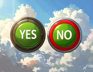 Two buttons against a vibrant sky "YES" is green, and "NO" is red. Clouds create a whimsical backdrop
