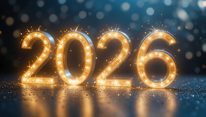 Bright and sparkling 2026 illuminated by festive golden lights against a bokeh background
