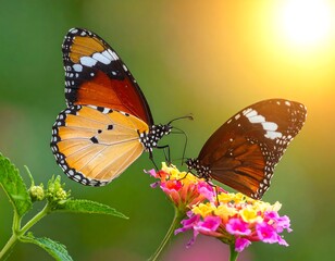 Two butterflies on a flower in sunny outdoor