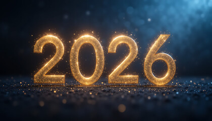 The year 2026 illuminated in golden, sparkling light on a dark, festive background