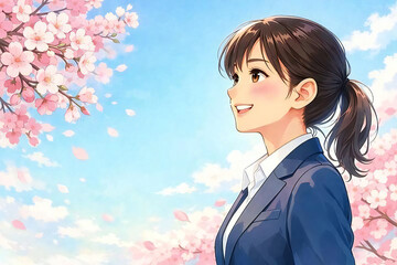 桜の下で前を向く若いビジネスウーマンの春イメージ