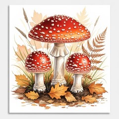 Whimsical amanita muscaria illustration with delicate ferns and autumn foliage backdrop