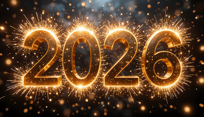 The sparkling golden year 2026 brilliantly illuminates a festive night