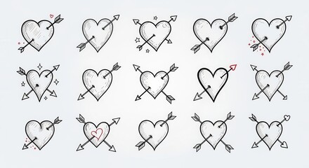 Whimsical arrow pierced hearts sketch, hand-drawn love symbols for valentine's day themed designs